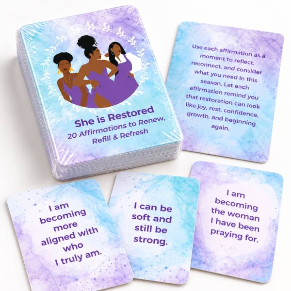 She Is Restored affirmation card deck with watercolor design and sample affirmation cards